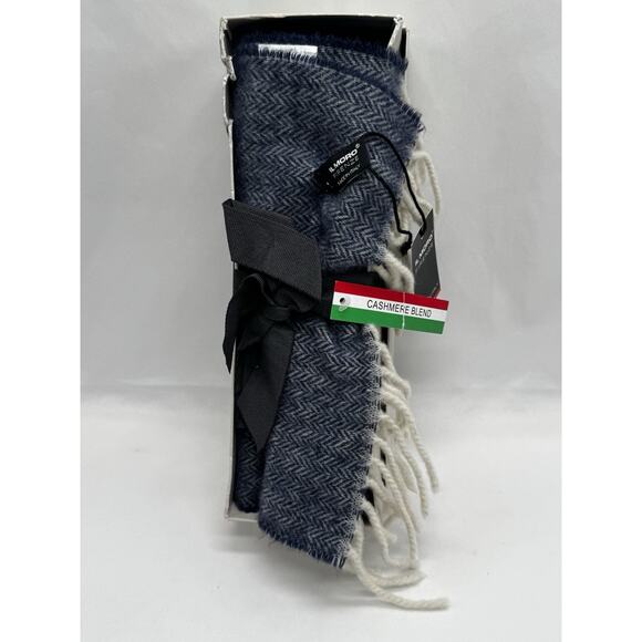 IL MORO FIRENZE Wool Cashmere Scarf Blue With Fringe Made Italy Winter Academia - Picture 1 of 5